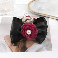 Sweet Mesh Camellia Bow Pearl Hair Claw Girls Hair Clip