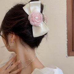 Sweet Mesh Camellia Bow Pearl Hair Claw Girls Hair Clip