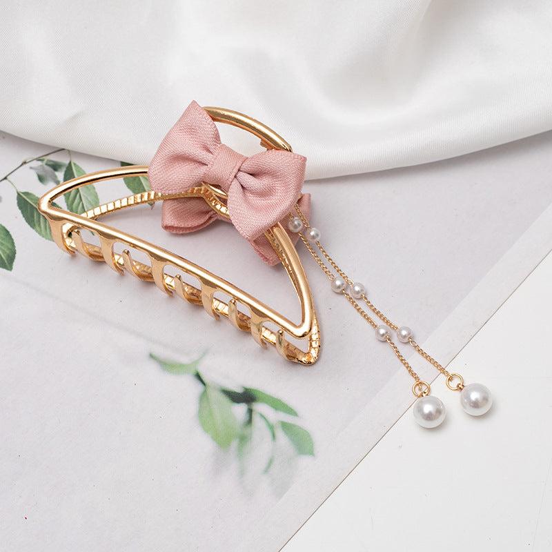Faux Pearl Tassel Bow Hair Claw Hollow Alloy Nonslip Ponytail Holder