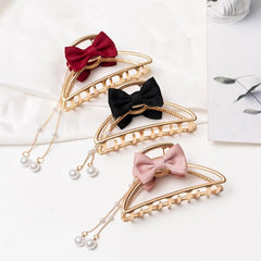 Faux Pearl Tassel Bow Hair Claw Hollow Alloy Nonslip Ponytail Holder