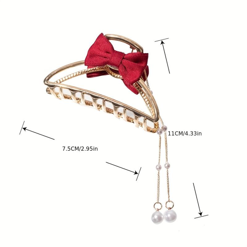 Faux Pearl Tassel Bow Hair Claw Hollow Alloy Nonslip Ponytail Holder