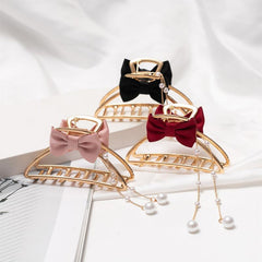 Faux Pearl Tassel Bow Hair Claw Hollow Alloy Nonslip Ponytail Holder