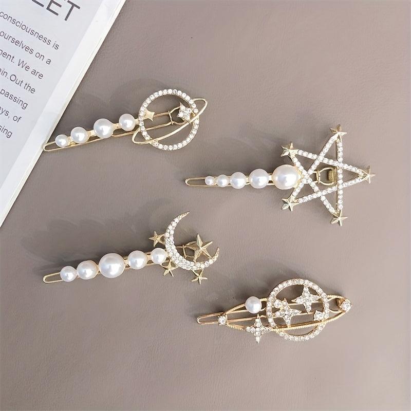 Y2K Pearl Rhinestone Hair Pin Moon Star Hair Clips