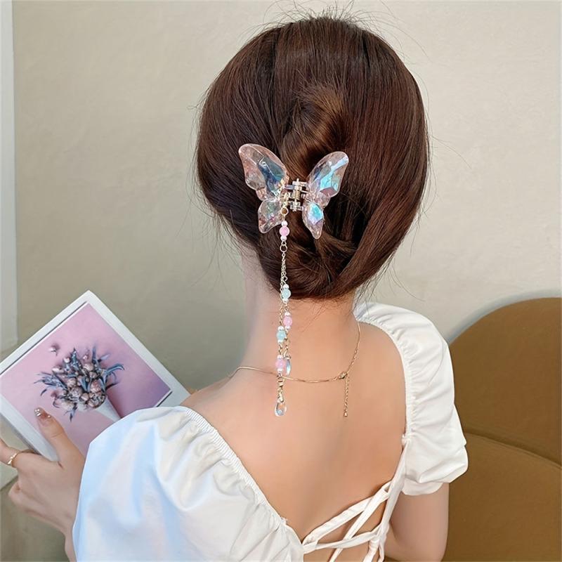 Crystal Butterfly Hair Claw with Beaded Pendant - Hair Accessories
