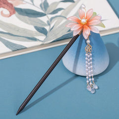 Wooden Flower Hairpin Ancient Style Beaded Tassel Hair Accessories