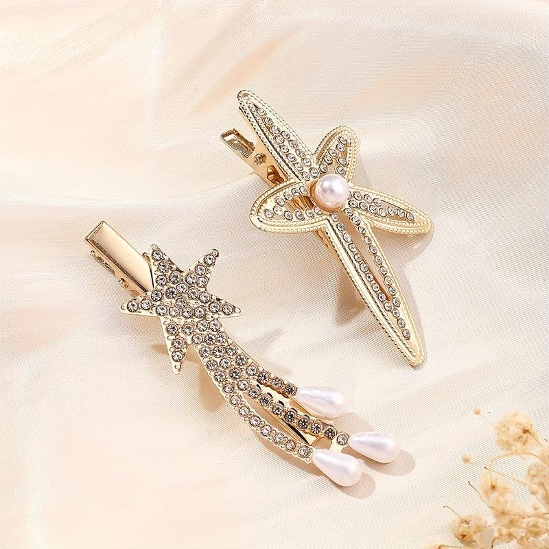 Rhinestone Starfish Hairpin Pearl Shooting Star Side Hair Clip for Women Girls