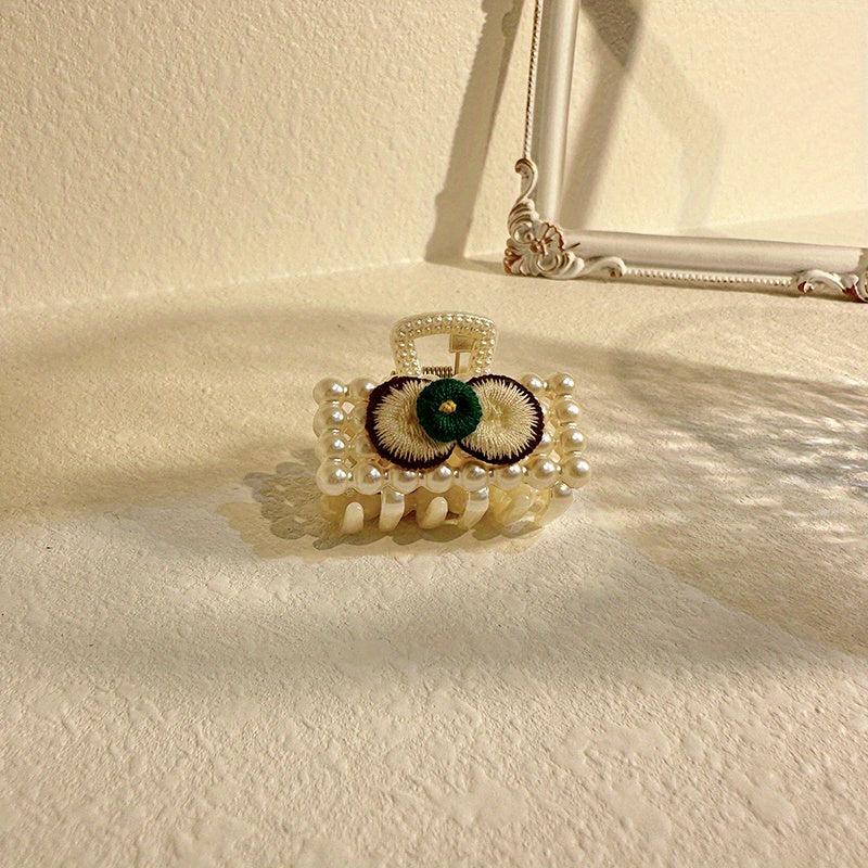 Faux Pearl Hair Claw Clip Flower Embroidered Hair Claw Nonslip Shark Claw