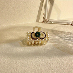Faux Pearl Hair Claw Clip Flower Embroidered Hair Claw Nonslip Shark Claw