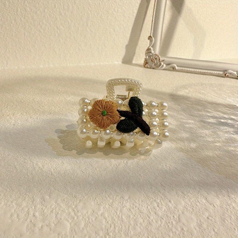 Faux Pearl Hair Claw Clip Flower Embroidered Hair Claw Nonslip Shark Claw