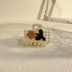 Faux Pearl Hair Claw Clip Flower Embroidered Hair Claw Nonslip Shark Claw