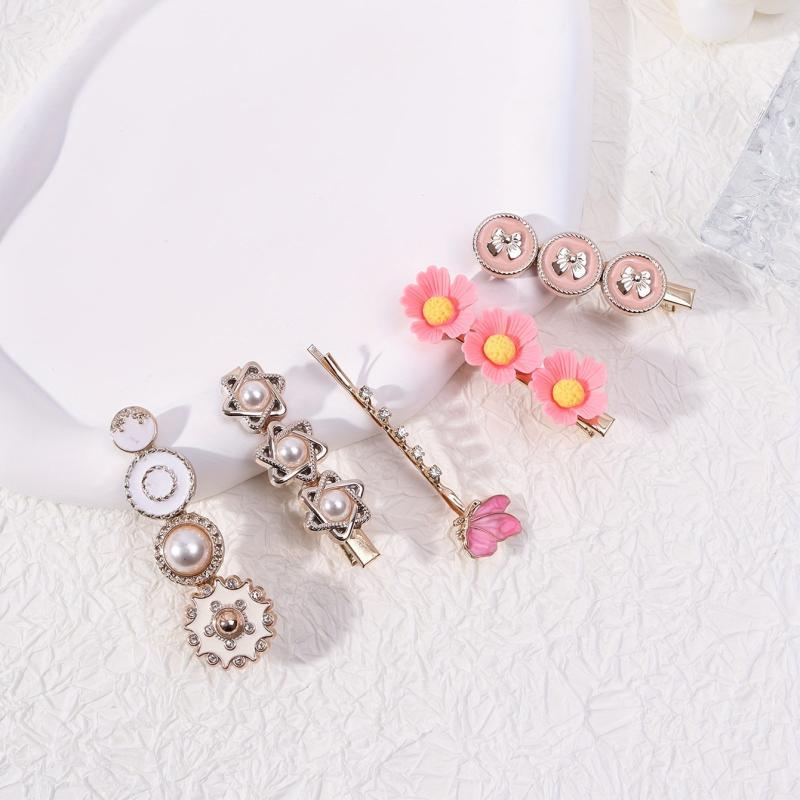5pcs Pearl Rhinestone Flower Hairpin for Hair Bangs Braids