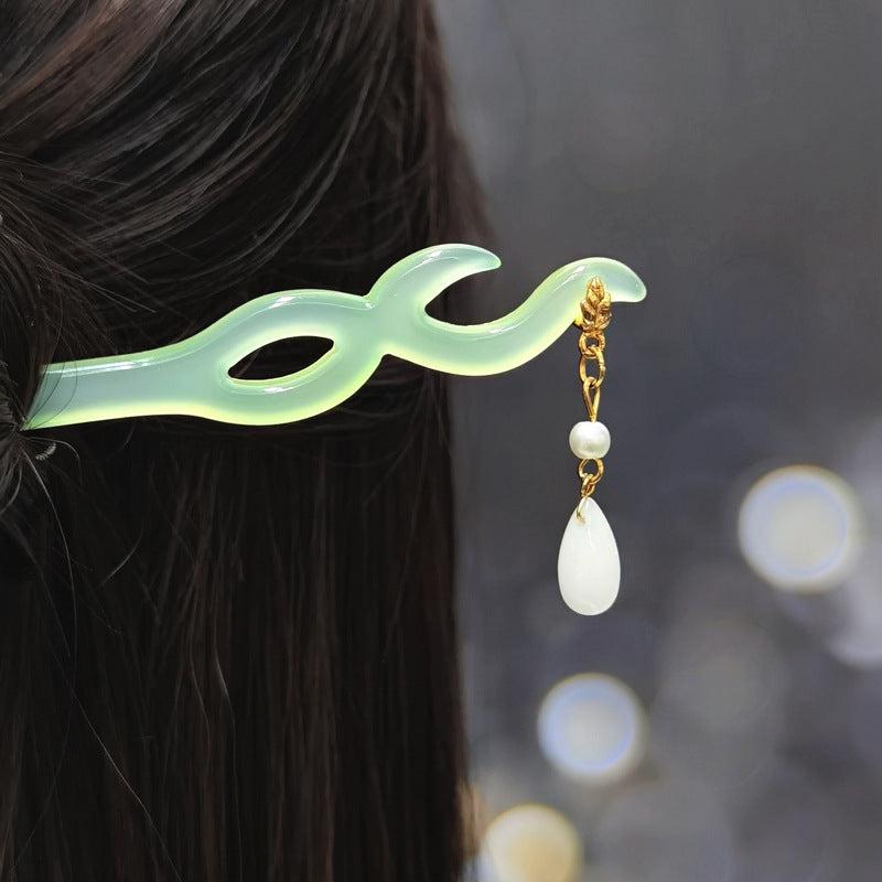 Vintage Chinese Hanfu Flower Tassel Hair Pin Acetate Jade Hairpin