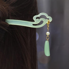 Vintage Chinese Hanfu Flower Tassel Hair Pin Acetate Jade Hairpin