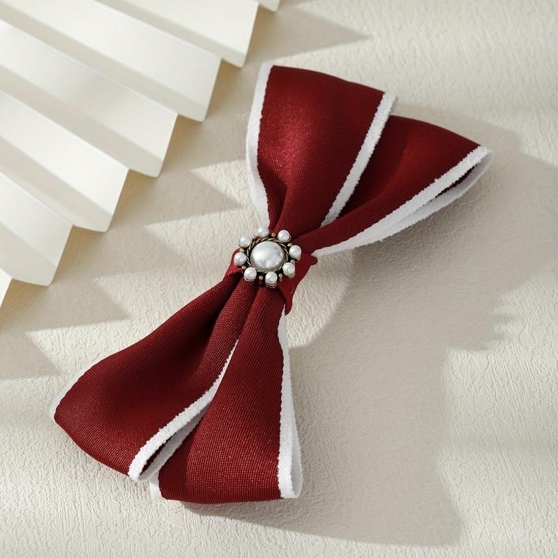 Red Faux Pearl Hair Clip Bow Hairpin for Daily Use