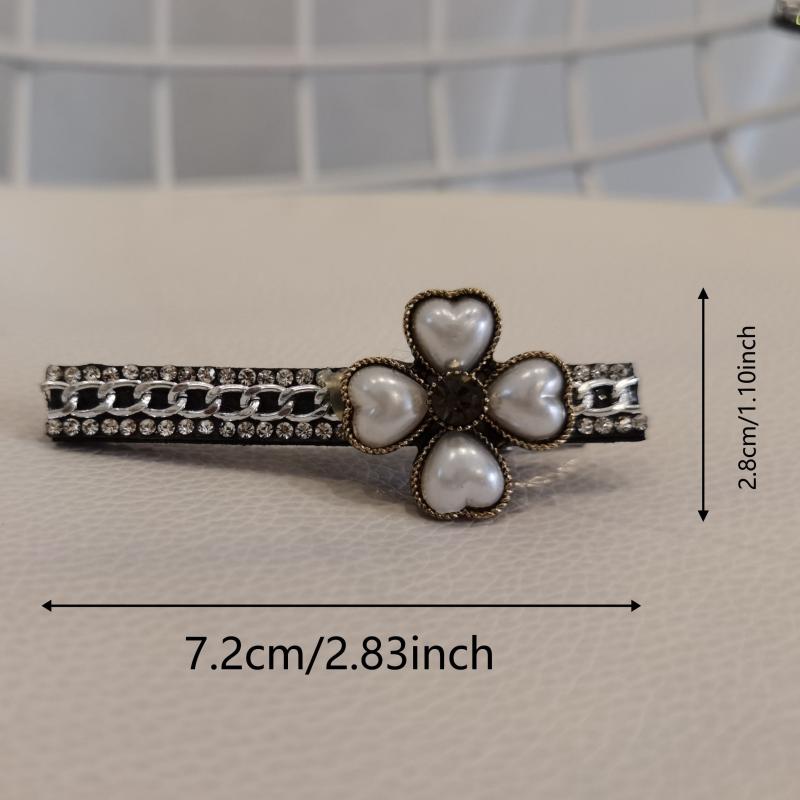 Faux Pearl Lucky Clover Hair Clip Rhinestone Chain Sweet Hair C