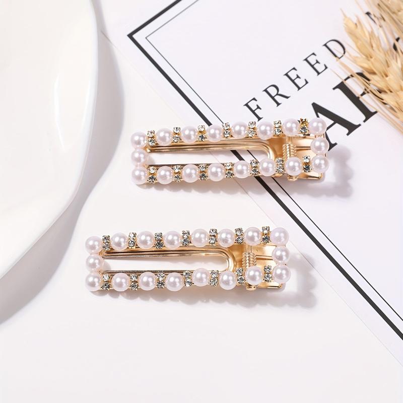 Hollow Alloy Hair Clip Duck Billed Clip Faux Pearl Rhinestone Hair Clip