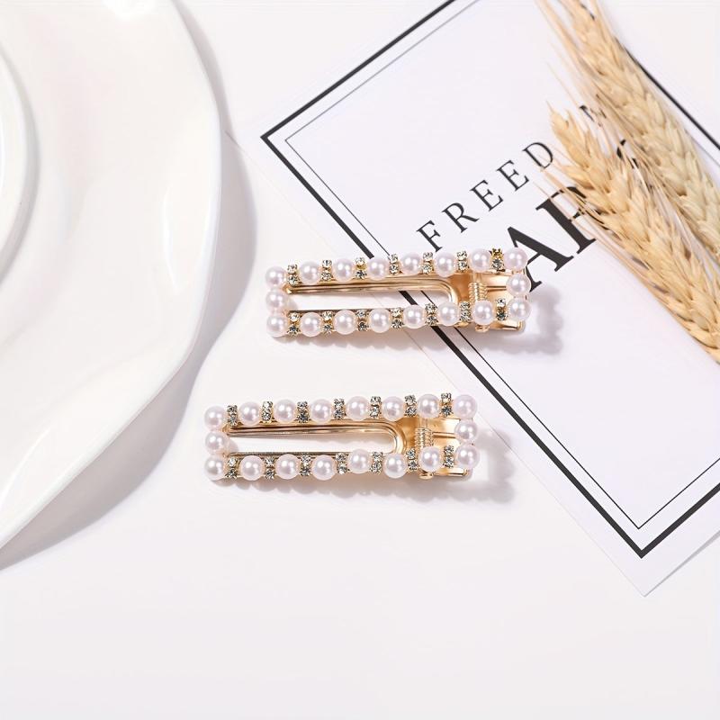 Hollow Alloy Hair Clip Duck Billed Clip Faux Pearl Rhinestone Hair Clip