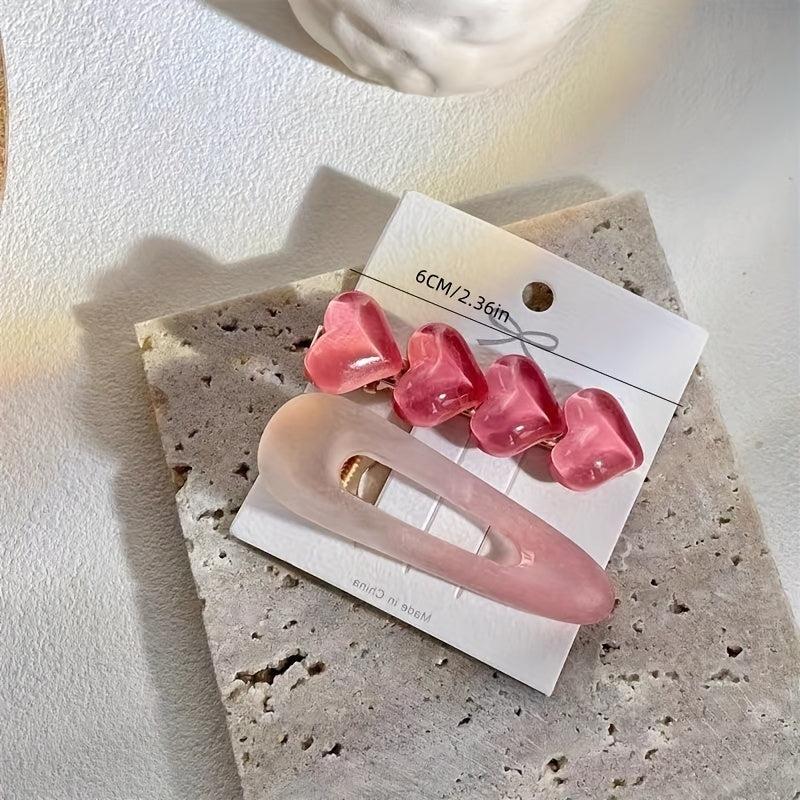 2pcs Jelly Pink Hair Clip Heart Decor Duck Billed Clip For Side Hair Bang