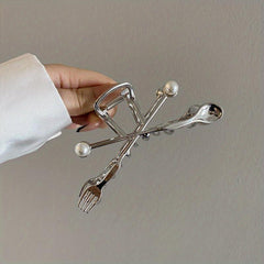 Creative Fork Spoon Shape Hair Claw with Faux Pearl Inlay