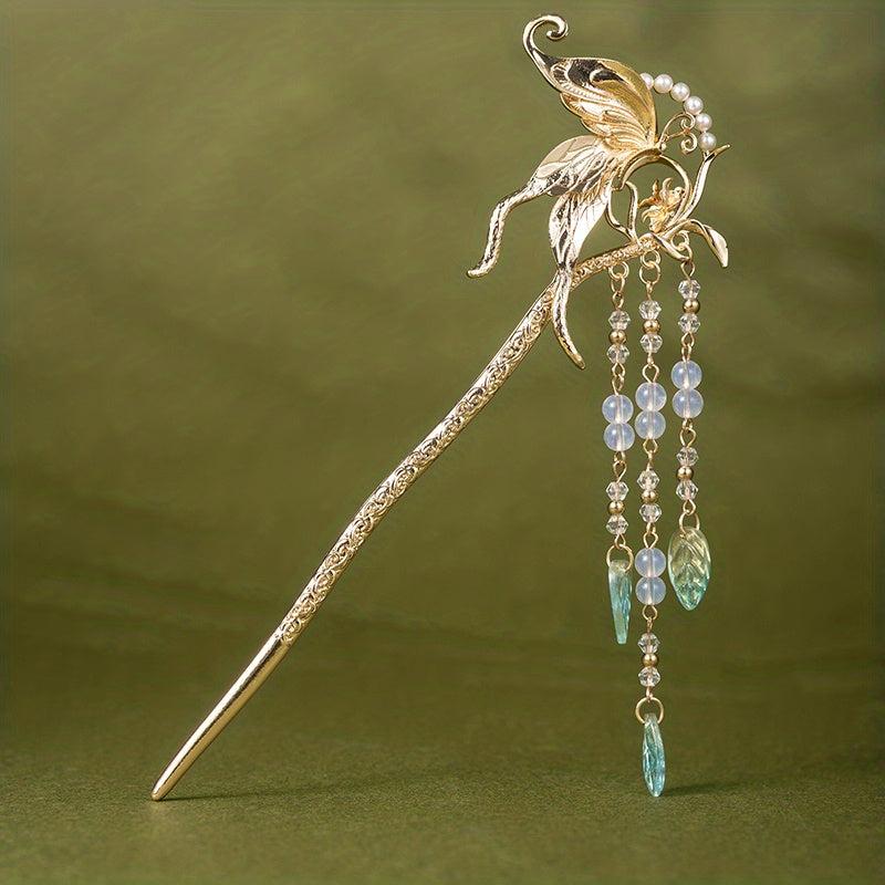 Alloy Butterfly Hairpin Pendant Hair Stick Faux Pearl Head Jewelry