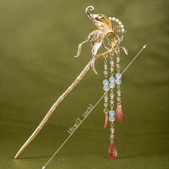 Alloy Butterfly Hairpin Pendant Hair Stick Faux Pearl Head Jewelry