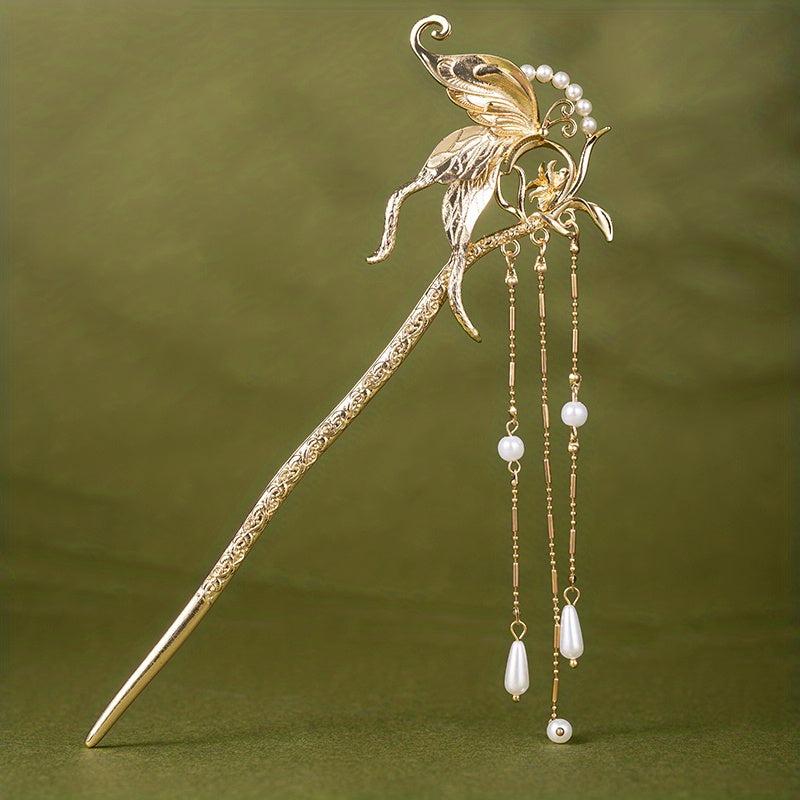 Alloy Butterfly Hairpin Pendant Hair Stick Faux Pearl Head Jewelry