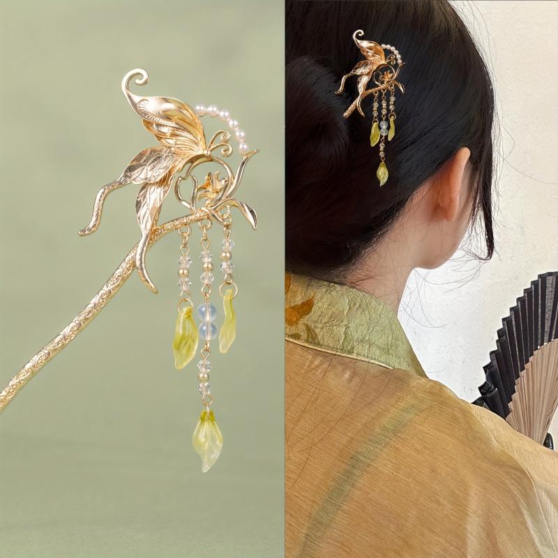 Alloy Butterfly Hairpin Pendant Hair Stick Faux Pearl Head Jewelry