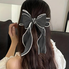 Organza Bow Hair Clip Pearl French Barrett Back Head