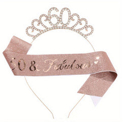 Rhinestone Headband Birthday Party Tiara With Silky Belt Head Jewelry