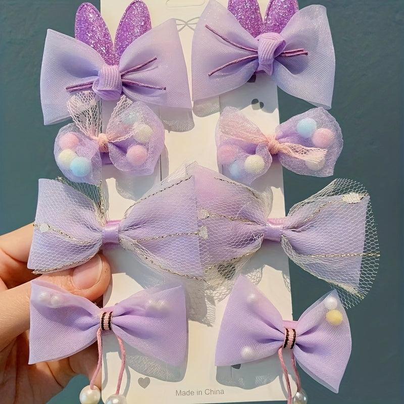 8pcs Purple Mesh Bow Hair Clip with Faux Pearl for Baby Girls
