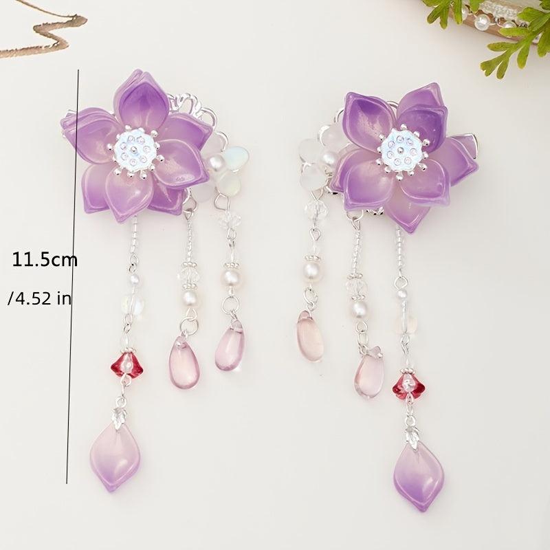Girls Purple Tassel Flower Hair Clips, Resin Beads Hair Accessories