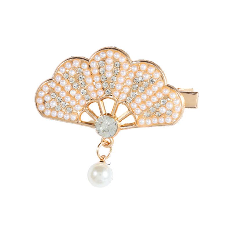 Rhinestone Fan Shape Hair Clip with Faux Pearl Head