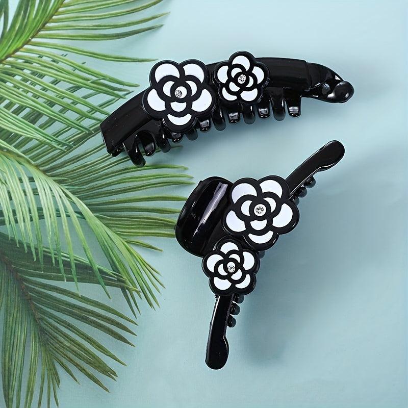 Camellia Printed Hair Claw Rhinestone Hair Claw Nonslip Hair Claw Clip