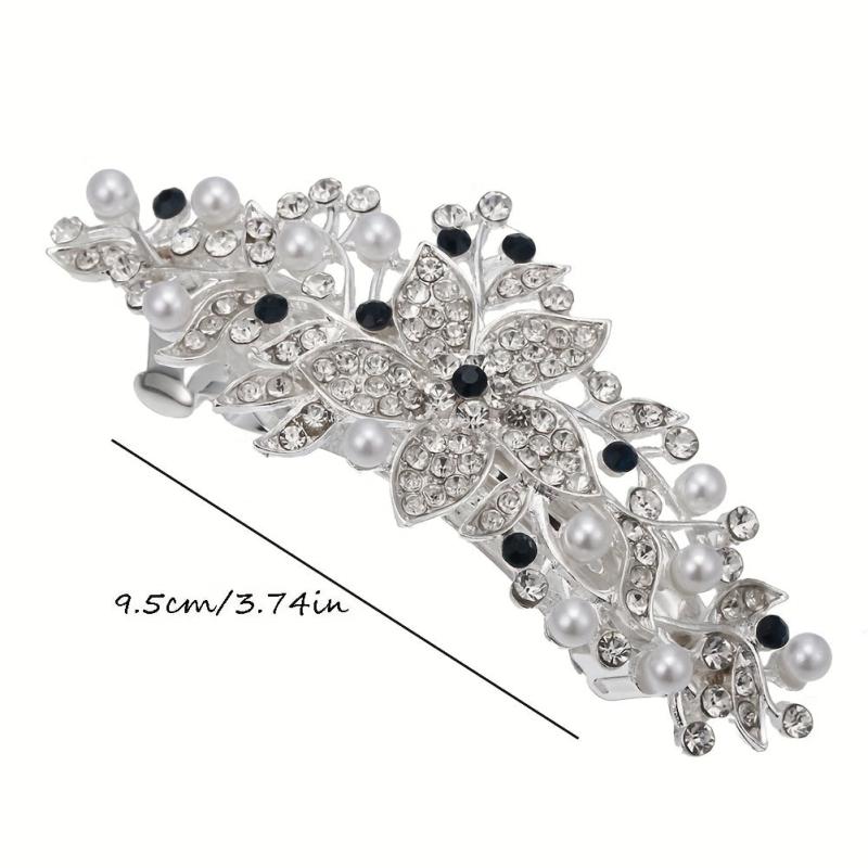 Silver Faux Pearl Leaf Hair Clip Non-Slip Barrette Rhinestone Head Jewelry