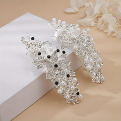 Silver Faux Pearl Leaf Hair Clip Non-Slip Barrette Rhinestone Head Jewelry