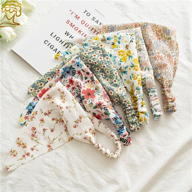 Floral Print Triangle Head Scarf Wrap Elastic Headband Girl's Hair Hairband