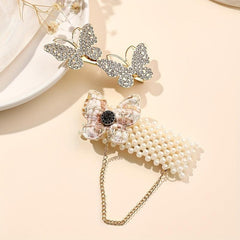 2pcs Butterfly Hair Clip Faux Pearl Duck Billed Clip Metal For Women Girls