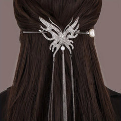 Metal Butterfly Hairpin Tassel Rhinestone Hair Stick