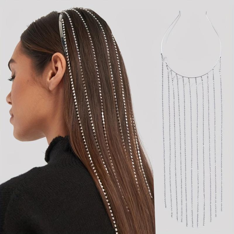 Women's Rhinestone Tassel Headband Long Bridal Hair Chain Jewelry