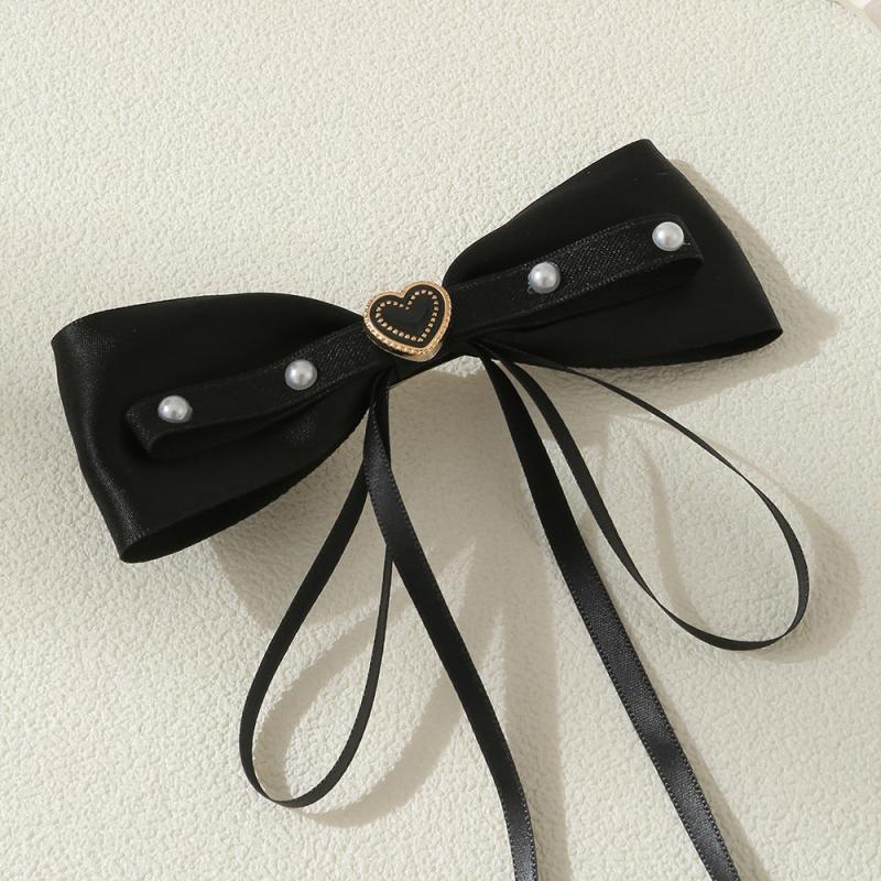 Bow Hair Clip Ribbon Bow Duck Billed Clip With Faux Pearl Tassel Hair Clip