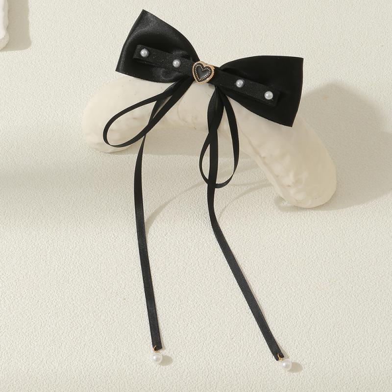 Bow Hair Clip Ribbon Bow Duck Billed Clip With Faux Pearl Tassel Hair Clip