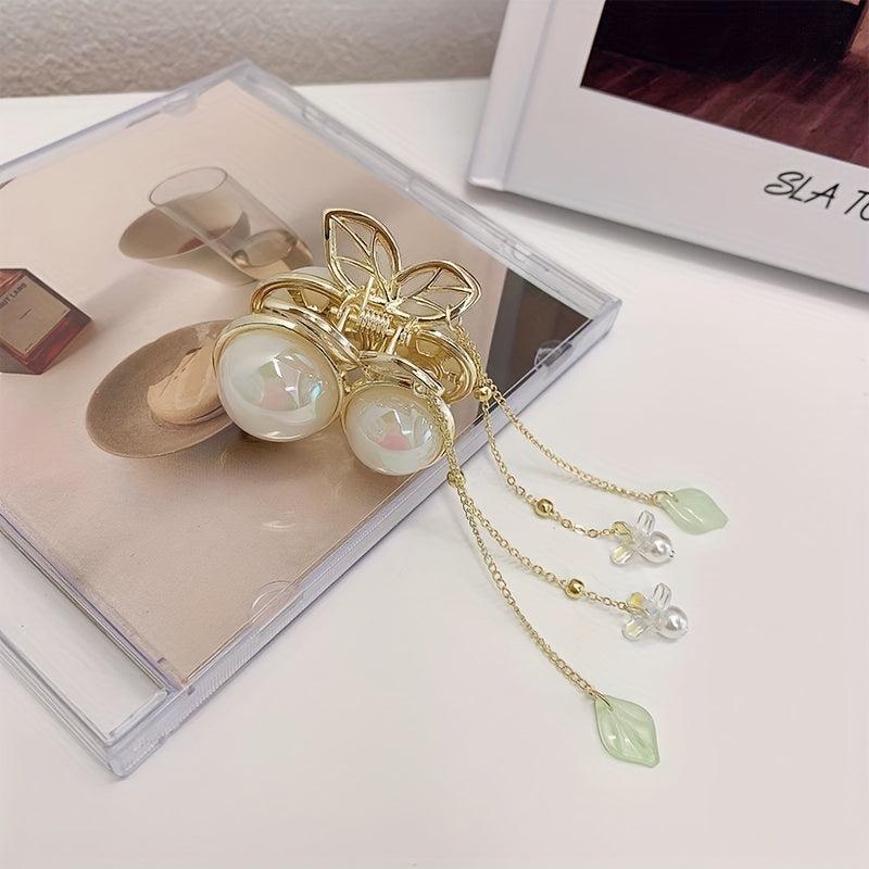 Faux Pearl Cherry Hair Claw Chain Tassel Nonslip Claw for Women Girls