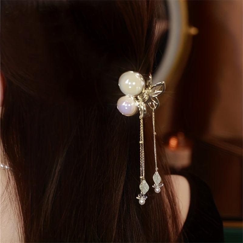 Faux Pearl Cherry Hair Claw Chain Tassel Nonslip Claw for Women Girls