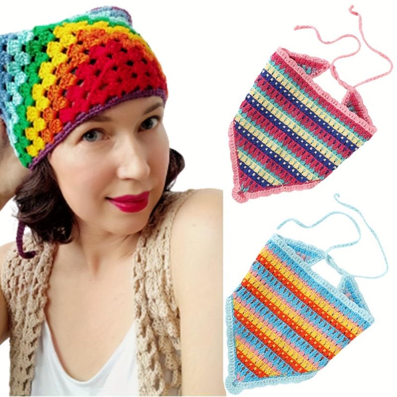 Boho Crochet Flower Bandana Colorful Hair Headscarf Turban