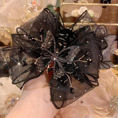Organza Bow Hair Claw Rhinestone Butterfly Hair Claw for Ponytail