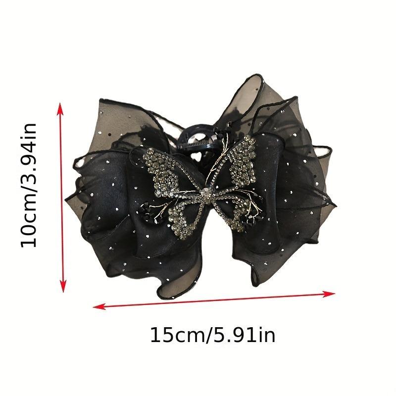 Organza Bow Hair Claw Rhinestone Butterfly Hair Claw for Ponytail