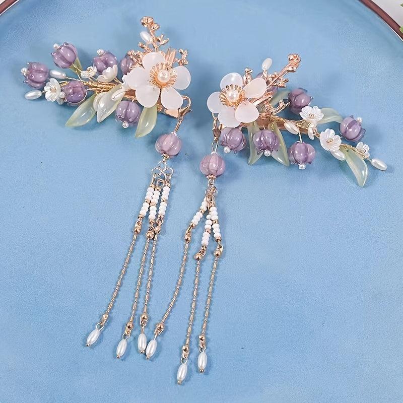 2PCS Vintage Hair Clip Chinese Style Hair Clip With Beads Tassel