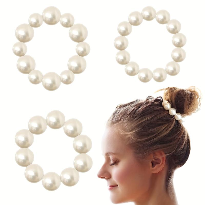 3pcs Faux Pearl Bracelet Hair Tie Resin Hair Rope Elastic Ponytail Holder