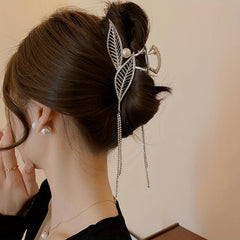 Metal Leaves Hair Claw With Rhinestone Tassel Ponytail Holder