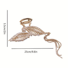 Metal Leaves Hair Claw With Rhinestone Tassel Ponytail Holder